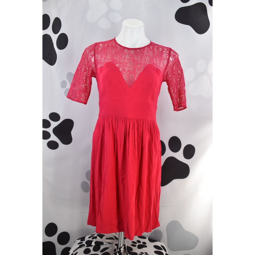 Sandro Short Lace Sleeves Illusion V Neck Gold Back Zip Red Lace Mini Dress 1 S